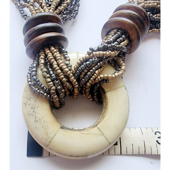 Vintage Tribal Boho Multi-Strand Beaded Necklace Wood Ring Pendant Folk Style - Picture 8 of 9